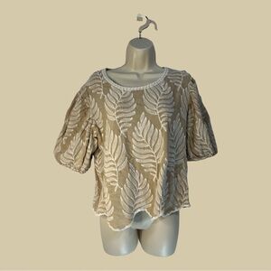 Solitaire Khaki Embroidered Top Fern Pattern Stitching Puff Sleeves XL, more M